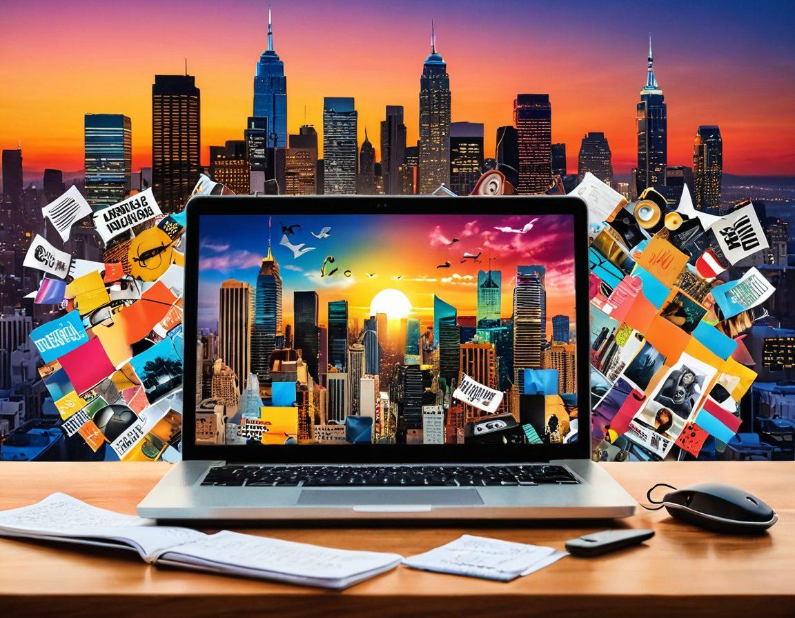 A dynamic collage featuring a laptop open to a vibrant blog page displaying entertainment news and lifestyle trends. Surrounding the laptop are eye-catching icons of music, movies, fashion, and travel, bursting with color. In the background, a lively city skyline at sunset represents the connection to urban trends. The overall scene conveys excitement and creativity. super-realistic. vibrant colors. 3D.