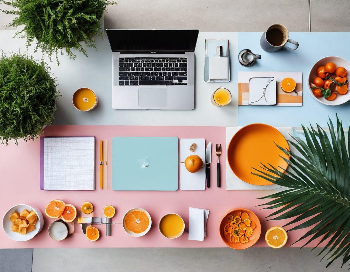 A visually striking collage of modern lifestyle elements, including a trendy workspace, healthy meal prep, stylish fashion accessories, and a serene outdoor scene. Each element should connect through gentle gradients and harmonious color schemes, showcasing the blend of comfort and elegance. The atmosphere should evoke inspiration and motivation for an elevated lifestyle. vivid colors. modern design. minimalistic background.