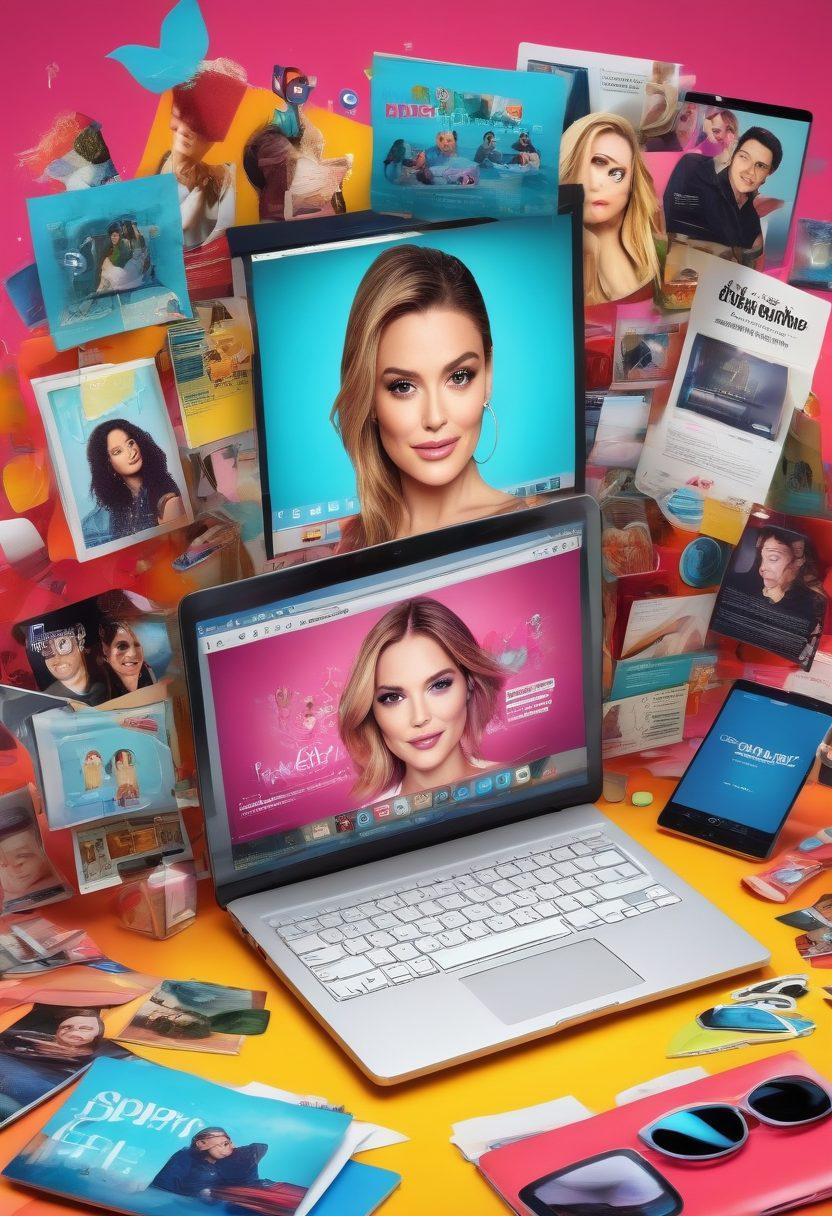 A dynamic collage showcasing various elements of content creation, including a celebrity gossip magazine, a high-tech laptop with a blog open, vibrant product reviews laid out, and social media icons scattered around. Incorporate diverse people engaged in creating and sharing content, with bright colors and an energetic vibe. super-realistic. vibrant colors. 3D.